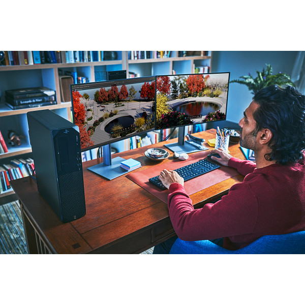 Business Professional using an HP workstation from the Home office.