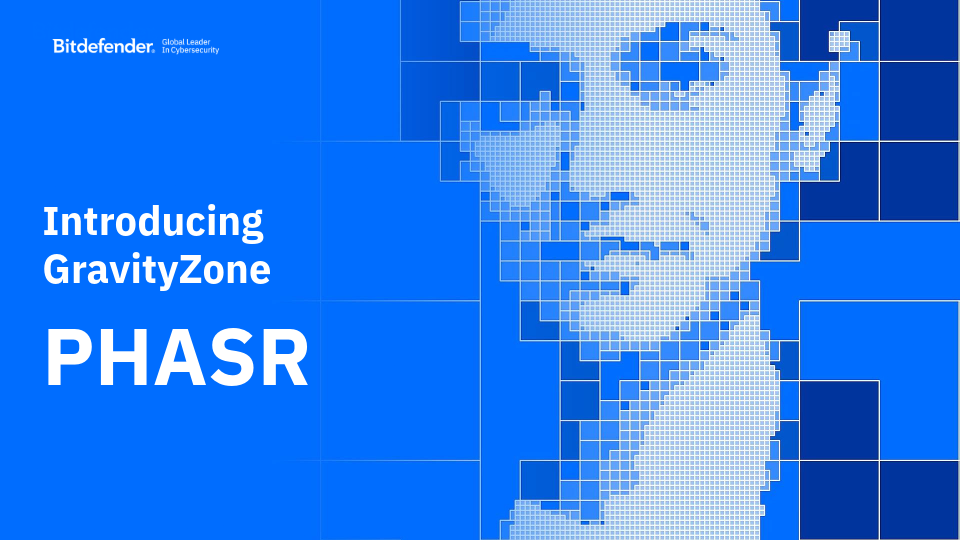 cover image with a purposefully pixelated woman emulating attack surface reduction and text reading "Introducing GravityZone PHASR"