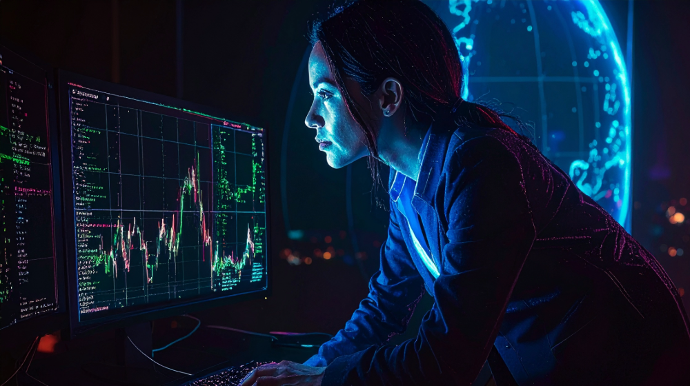 a woman monitoring cyber security platform on a computer screen